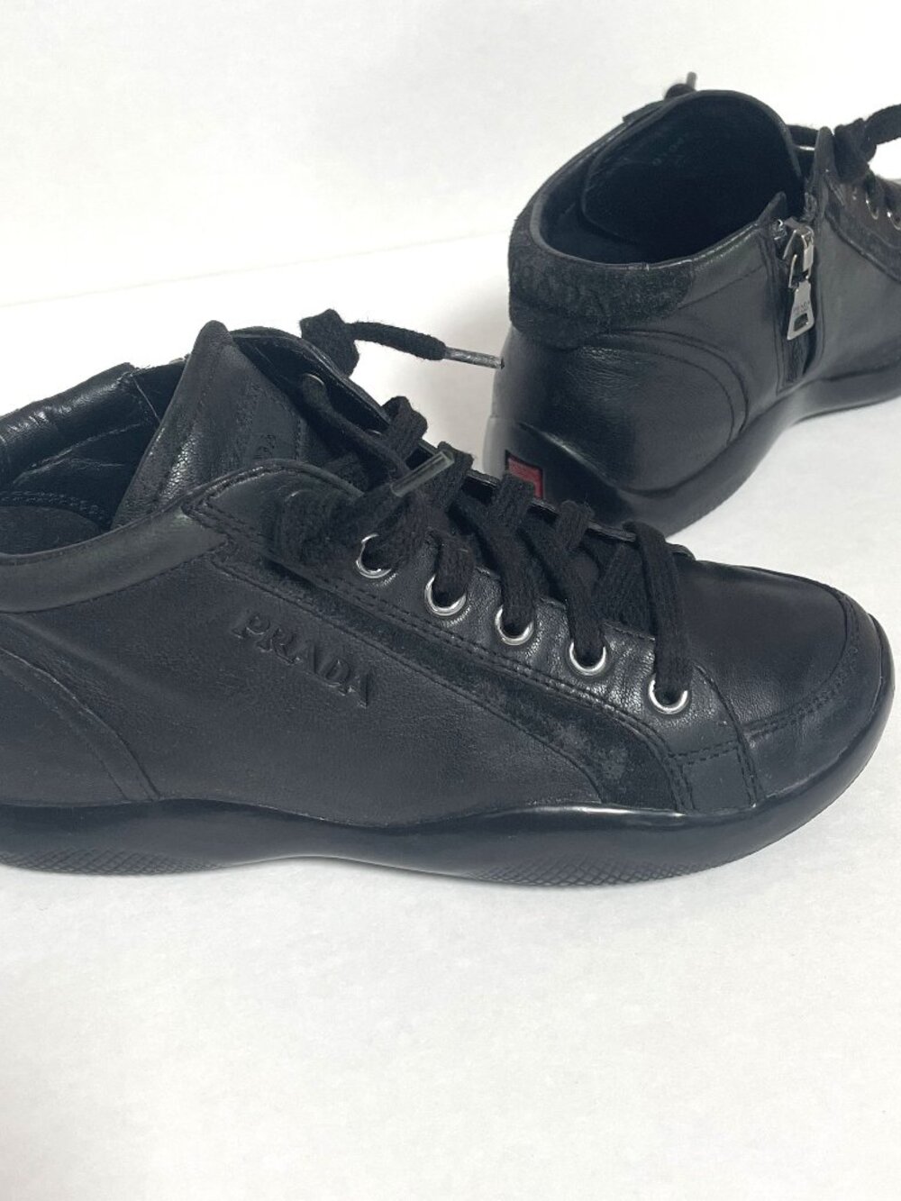 Prada Girls Black Leather Sneakers Low Top 12 - Picture 2 of 10